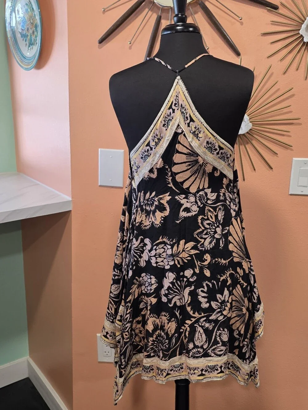 Free People Bali Seashell Scarf Print Dress Black and Blush Floral Mini Dress